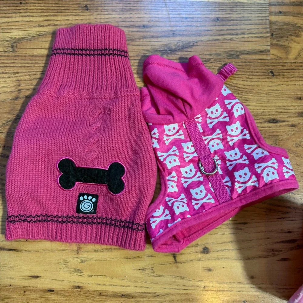 Lot of 5 Pink Small Dog Clothes XS Fleece Jumpsuit Leopard Sweater Harness Dress